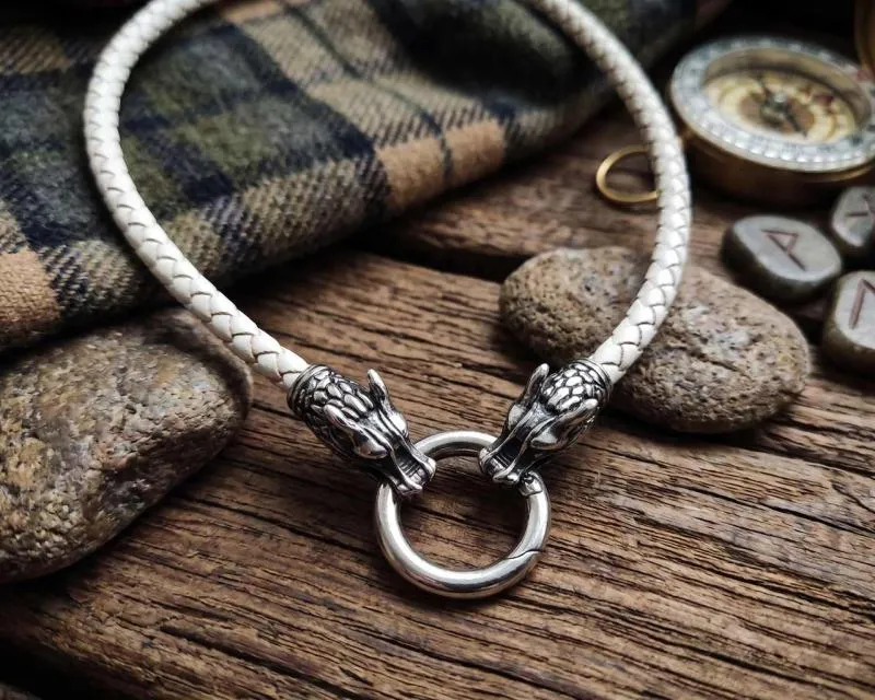 White Leather Necklace with Wolf Heads – Elegant, Unique & Nordic Inspired